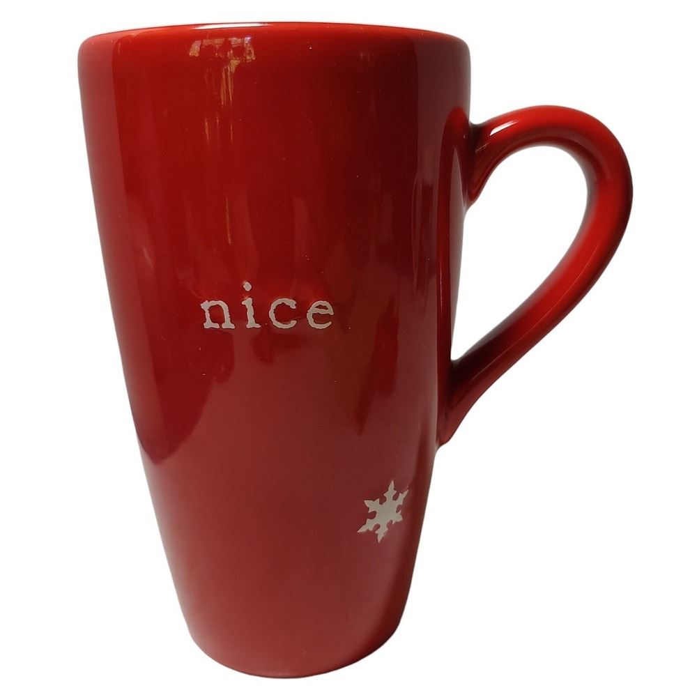 Pottery By Kathy Holiday Mug Bright Red Naughty Nice Snowflake‎ Coffee Latte Cup